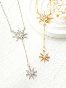 波西米亚水晶太阳光芒项链，金色星芒Y形项链配太阳吊坠，水晶雪花链项链，女士珠宝礼物 - 太陽 - 查看 4