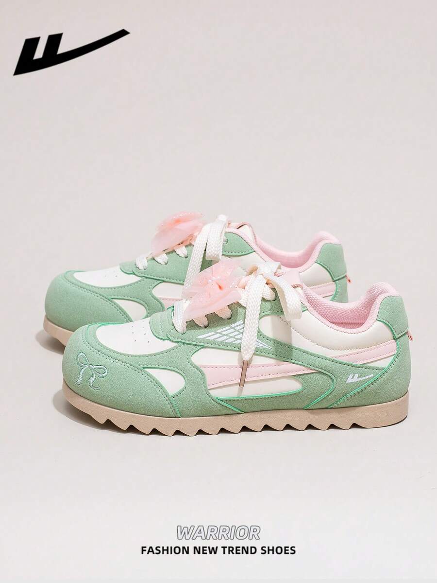 1双 WARRIOR 女士厚底系带软底休闲运动鞋，圆头优雅平底户外鞋，适合学生、通勤、徒步旅行、夏季穿着 - 米/綠 - 查看 1