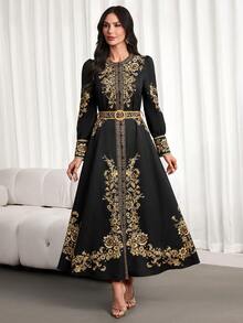 女士优雅复古印花衬衫裙 – 长袖，适合春秋季节、毕业典礼、日常穿着、下午茶聚会、婚礼、活动、派对、斋月服装等场合。