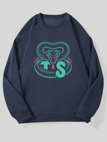 Men's Casual Crew Neck Sweatshirt With Snake Pattern - 藏蓝色 - 查看 6