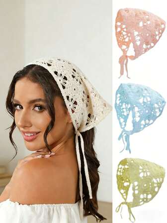 1pc Bohemian Crochet Triangle Scarf Headdress, Pink, Green, White, Blue,Solid Color Crochet Openwork Floral Design, Adjustable Soft Comfortable,Fashionable Elegant Sweet, Women's & Girls' Hair Accessories For Spring And Summer, Daily Wear&Outdoor Activities, Beach Vacations, Photoshoots, Styling, Dates,Great Valentine's Day Gifts Head Scarf Hair Bandanas Headbands 
