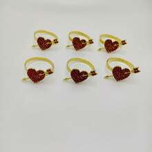 6pcs Valentine's Day Red Diamond Heart Napkin Rings, Wholesale Wedding Banquet Table Decor Napkin Holders - Gold - View 3