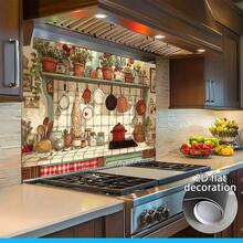 1pc, 2D Flat Design Kitchen Filled With Kitchenware And Greenery, Creating A Warm And Homey Atmosphere In A Realistic Style. This PVC Kitchen Wall Sticker Is Easy To Apply, And Made Of High-Quality Materials. Perfect For Home Decor And Modern Kitchens