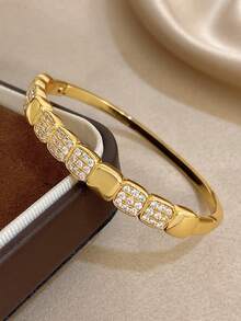 1pc Geometric Square Zirconia Bangle Bracelet For Women Elegant Golden Bangle Bracelet For Daily And Party Birthday Christmas Jewelry Gifts - Multicolor - View 8