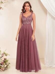 女士优雅V领亮片网纱A字型正式连衣裙，适合晚宴、派对、伴娘、婚礼宾客、毕业典礼、节日晚宴等场合。 - 藕粉色 - 查看 3