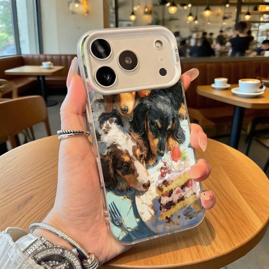Funda de Teléfono Transparente con Impresión de Perro Comiendo Pastel para 14 Pro Max 13 Pro 12 Galaxy S23 S22 S21, Regalo Ideal para Todas las Temporadas - Negro - Ver 1