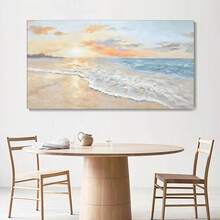 Arte de pared de lienzo con vista abstracta al mar, ola de océano azul con amanecer blanco, tema de playa dorada, decoración sin marco para sala de estar, dormitorio, baño, oficina en casa - Decoración de pared de moda - Multicolor - Ver 7