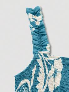 Women's Long Allover Print Spaghetti Strap Maxi Dress, All-Over Bohemian Casual Ruffled Tie Waist Dress - Teal Blue - View 8