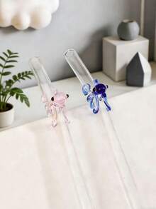 半支装限量版章鱼玻璃吸管（粉色和蓝色）| 万圣节海洋主题 | 可重复使用玻璃吸管，附赠清洁刷 | 适合 520/亡灵节/派对 - 無色 - 查看 6