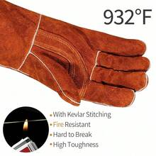 Leather MIG Welding Gloves - Heat Fire Resistant For Welding/Grilling/BBQ/Fireplace(Black/Brown/Blue),Brown - 棕色的 - 查看 3