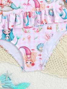 Young Girl Mermaid Cartoon Cute Print Ruffle One-Piece Swimsuit - Multicolor - View 4