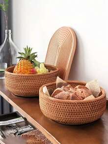 1/3pcs Round Woven Storage Basket, Suitable For Vegetables, Fruits, Bread, Snacks, Decorative For Tabletop, Living Room, Bathroom, Kitchen Counter (Small/Medium/Large), Modern Boho Style Rope Plant Hanging Basket, Wooden Rattan Geometric Basket, Natural Metal Frame Accent, Suitable For Coastal Garden Decor