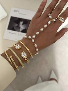 1pc 14K Gold Plated Fashionable Luxury Micro-Inlaid Stacking Bracelet, Unique Design, European & American Style, Multi-Layer Metal Women Bracelet - Multicolor - View 4