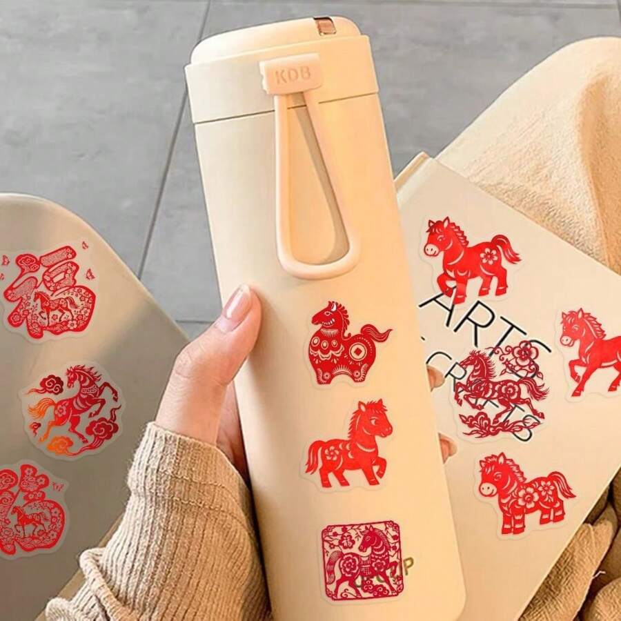 1 Set Of 70pcs New Year Atmosphere PVC Stickers, Window Paper-Cut Style Decorative Stickers, Festive Pattern Stickers, Chinese Culture DIY Scrapbooking Stickers, Suitable For Scrapbooks, Diaries, Books, Personalized Journals, Planners, Home Decor, Photo Albums, School Projects, Laptops, Luggage, Arts & Crafts, DIY Projects, And Art Supplies Scrapbook Supplies Stationery - Multicolor - View 1