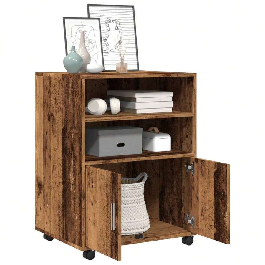 vidaXL Armoire à roulettes vieux bois 60x48x81 cm ingénierie du bois - Tabac - Voir 1