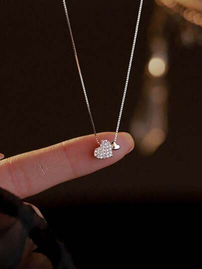 1pc Minimalist Elegant Zirconia Embedded Double Heart Pendant Necklace, Suitable For Women As Refined Wedding Jewelry, Party Gift, Mother's Day Gift Or Valentine's Day Gift