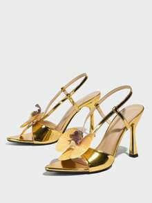 女士优雅凉鞋，3D立体金色兰花设计，尖头金色细高跟，高品质舒适镜面质感材质，时尚性感露趾奢华高跟鞋，适合各种场合：春夏、酒吧、夜店、社交聚会、派对、舞台、假日、教堂婚礼，时尚优雅女鞋 - 金色 - 查看 5