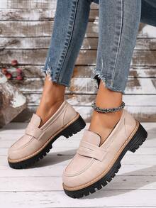 New Women Thick Sole Loafers, Minimalist Fashion Slip-On Casual Shoes, All Season - Beige - View 6