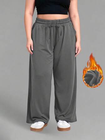 Plus Size Women's Thermal Lined Sweatpants, Suitable For -5°C, Drawstring Waist Casual Wide Leg Pants With Multiple Pockets, Loose Fit For Outdoor Running & Workout, Autumn/Winter