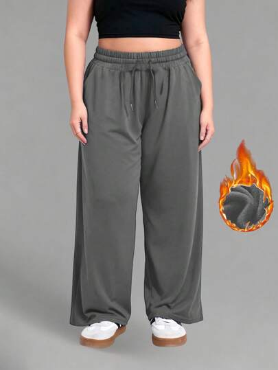 Große Größen Thermisch gefütterte Sweathose für Damen, geeignet für -5°C, Hose mit Kordelzug in Taillenbund, weites Bein, mehrere Taschen, locker geschnitten für Outdoor-Laufen & Training, Herbst/Winter