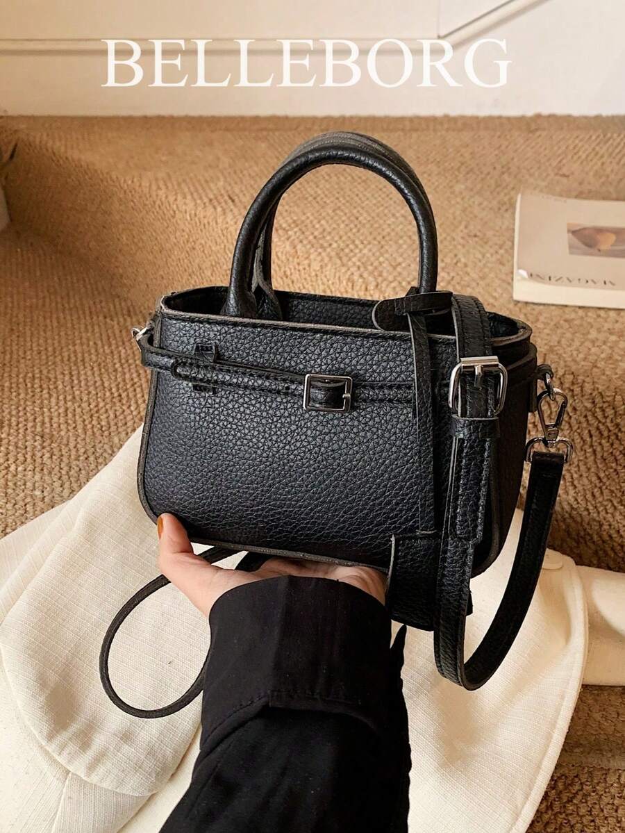 休閒拼色紋理百搭通勤復古帆布肩帶扣環女款小手提包 - 黑色 - 查看 1