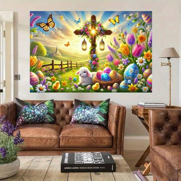 1 Stück Oster-Eier & Frühlings-Kulisse, Polyesterfaser Wanddekoration, geeignet für Wohnzimmer, Schlafzimmer, Büro, Zuhause, Outdoor Dekoration/Party, Feiertags-Geschenk, ohne Strom erforderlich, 8x6 Fuß