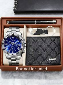 4-Piece Luxury Business Watch Set For Men, Includes 1 Quartz Watch With Silver-Blue Dial, 1 Embossed Wallet, 1 Metal Pen, And 1 Keychain - Silver - View 1