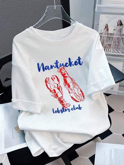 Plus Size Women's Casual Vacation Style Everyday Commute Lobster & Letter Print Short Sleeve White T-Shirt