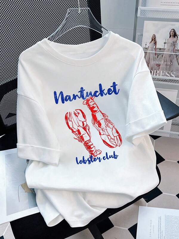Plus Size Women's Casual Vacation Style Everyday Commute Lobster & Letter Print Short Sleeve White T-Shirt