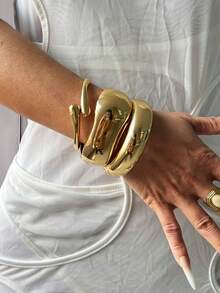 3pcs/Set Charm Bracelets, Gold Bangle, Wide Bracelet, Thick Cuff, Bracelet Set, Wide Bracelet, Women Bracelet, Gift For Her - Yellow Gold - View 2