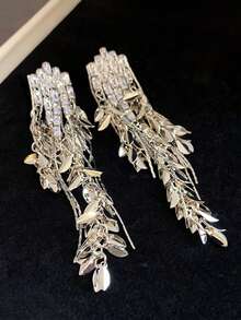 1对时尚立方氧化锆小麦耳夹及叶子流苏耳环，几何夹式耳环，女士派对首饰礼品 - clip - 查看 7
