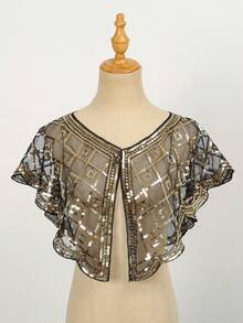 1件格子亮片网纱披肩短款斗篷，适合派对晚礼服搭配