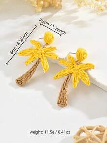一对手工编织拉菲草椰子树耳环，波西米亚风热带棕榈叶耳环，适合女性日常、假日、派对佩戴 - 黃色 - 查看 4