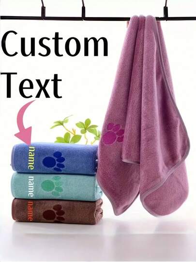 1pc Customized Embroidered Name/Text Super Absorbent Dog Towel With Cute Paw Print Embroidery - Provides A Gentle And Stylish Cleaning Solution For Your Furry Friend