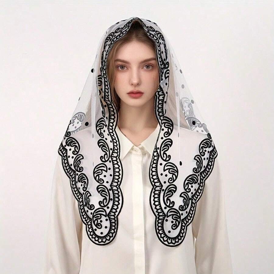 1 Lace Triangle Scarf - White Background Black Floral Embroidered Veil, Vintage Tulle Church Style Veil For Wedding, Outdoor Occasion, Machine Washable, Hair Trim Bandana, Wedding Accessories, Classic Elegance, Mature Aesthetics, Fine Embroidery, Non-Stretch Fabric, Formal Occasion, Delicate Embroidery, Dignified Fashion - 黑與白 - 查看 1