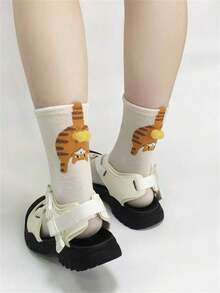 1/5 Pairs Comfortable Funny  Cat Ball Pom Pom Mid-Calf Socks, Suitable For All Seasons, Fall - Nhiều màu - Xem 11