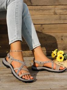 Sandal Datar Wanita dengan Desain Silang Ujung Terbuka, Sol Lembut Anti Selip Bernapas Modis Serbaguna Nyaman Ringan Sederhana Warna Polos Sol Tebal Sepatu Pantai, Gaya Musim Panas Terbaru - Khaki - View 4