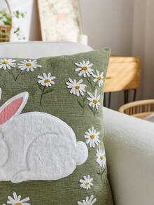 1pc Easter Green Rabbit Embroidered Throw Pillow Cover, Spring Floral Cushion Cover, Suitable For Indoor Decor, Spring/Summer Pillow Sham, Pillow Insert Not Included - Green - View 6