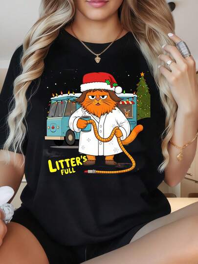 Women's Round Neck Short Sleeve T-ShirtChristmas Cat Litter Full Shirt Funny Holiday Pet Theme T-Shirt For Women And MenFun Prints Are Suitable For Christmas Partysports Activitiesholiday Partiesoutingssports And Other Holiday Gifts (220g).