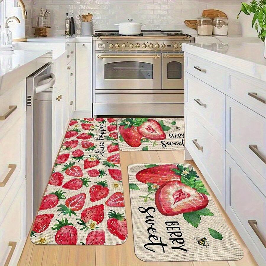 Spring Sweet Strawberry And Pattern Kitchen, Non-Slip, Absorbent Flannel Kitchen, Holiday Kitchen Floor, Washstand Outdoor Home Decoration Holiday, Bathroom - 彩色 - 查看 1