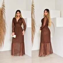 Women's Long Tulle Dress With Long Sleeves For Wedding Party - 鏽棕色 - 查看 4