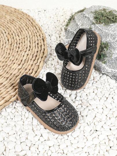 1 Pair Girls' Casual Bow Hollow-Out Flat Hook And Loop Princess Shoes, Suitable For Spring/Summer