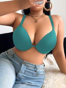 Einfacher, bequemer BH Einfarbig mit tiefem V-Ausschnitt und verstellbaren Trägern für Große Größen - Grün - Übersicht 2