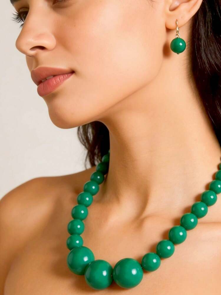 3pcs Asymmetrical Beaded Resin Jewelry Set, Retro Necklace, Bracelet & Earrings Set For Women - Beaded Necklace - View 2