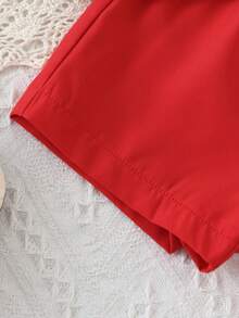 2pcs Girls Strawberry Decor Ruffle Collar/Cuff Sleeveless Top + Red Bow Accent Shorts Set, Cute Casual Outfit For Daily Wear - White - View 6