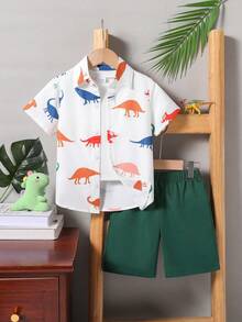2 件套男童夏季短袖恐龙印花衬衫和短裤套装，舒适休闲装