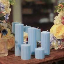 1pc Ribbed Pillar Candle Set, 3.94 Inch, Soy Wax Scented Pillar Candle, Elegant Ribbed Modern Home Decor, Suitable For Bathroom, Living Room (Light Blue) - Multicolor - View 2
