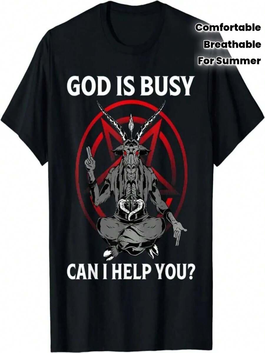 Men'S "God Is Busy, Can I Help You?"Satan Pentagram Graphic T-Shirt - 100% Cotton 180gsm Soft Breathable Fabric, Edgy Casual Streetwear Short Sleeve Round Neck Tee For Summer, Bold Statement Gift For Men, Comfortable Fit, Edgy Design, Breathable| Edgy Graphic Tee| Smooth Texture Fabric - 黑色 - 查看 1