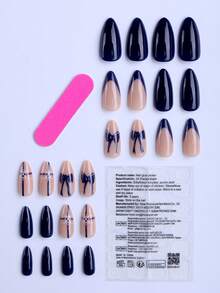 24片杏仁形美甲贴片，蓝色法式风格，白色点缀，饰有蝴蝶结、雪花和线条图案。杏仁形美甲酷炫精致，独特风格，完美适用于派对、活动和日常佩戴。