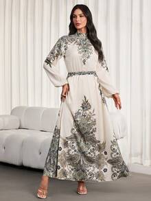 女士优雅复古印花泡泡袖系带连衣裙新年外出装扮